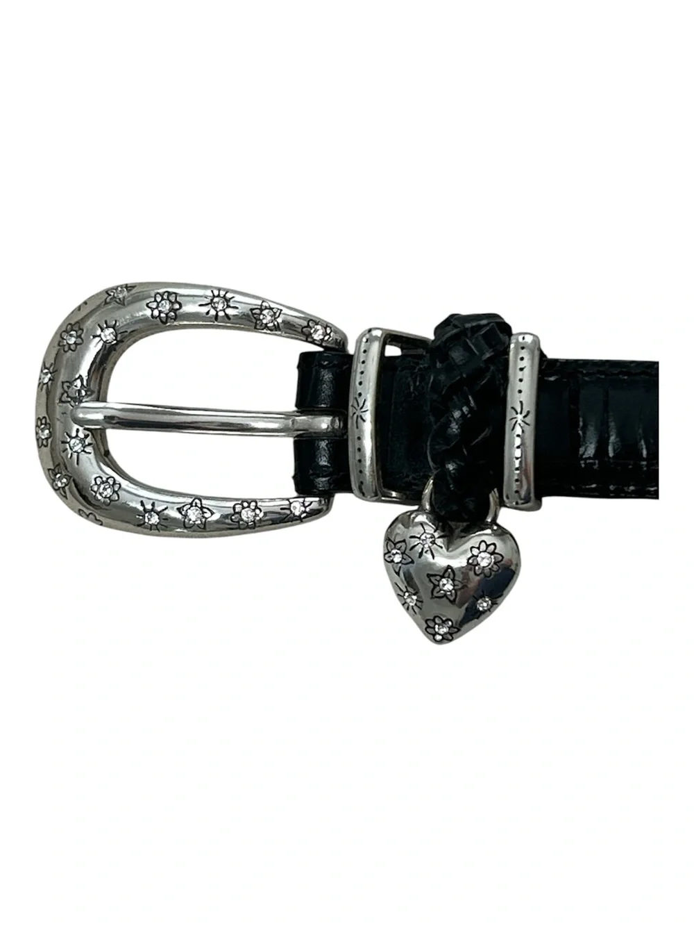 Brighton Black Croc-Embossed Leather Belt with Floral Heart Charm. Size Large 34